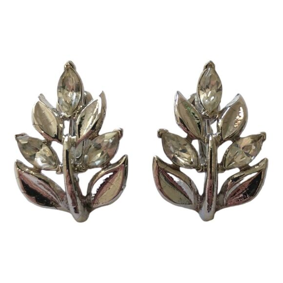 Crown Trifari Earrings Vintage Rhinestones Leaf Floral Silver Tone Clip On MCM. - Picture 6 of 16